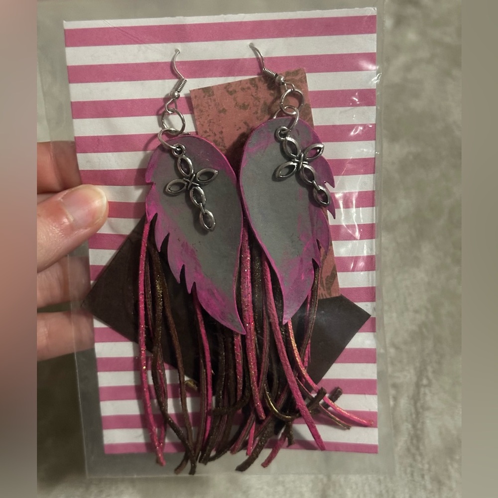 Pink and Gray Faux Leather Angel Wings Earrings with Silver Cross Charms Fringe